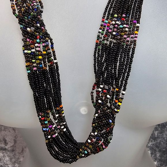 Glass Seed Bead Necklace Multi Strand Black Colorful Tubular Band Statement Boho - Picture 4 of 8